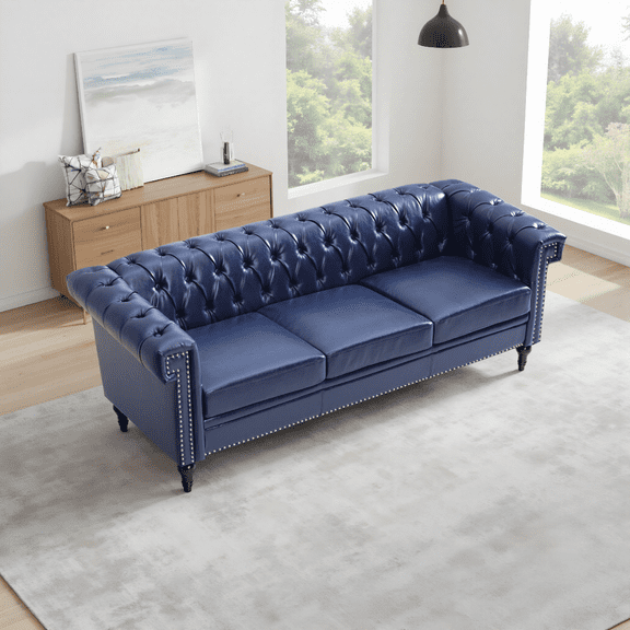 Chesterfield 3 Seaters Faux Leather Sofa, Upholstered Button Tufted Couch with Nailhead Trim Square Arms Removable Cushions and Solid Wood Legs, for Living Room Office Apartment