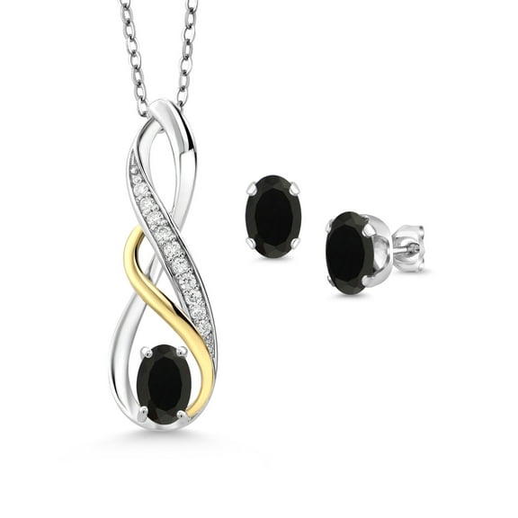 Gem Stone King 1.27 Ct Black Onyx E-F Lab Grown Diamond 925 Silver and 10K Yellow Gold Pendant and Earrings Jewelry Set