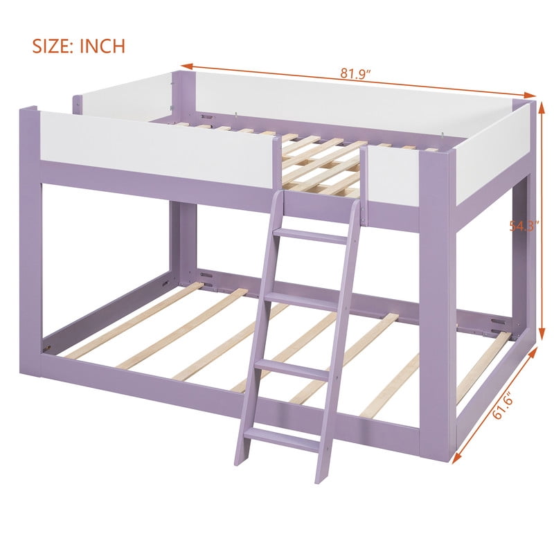 Queen-Over-Queen Low-Profile Bunk Bed with Guardrails, Wooden Kids Bed with Reversible Ladder, Accent Two-Tone Bed Frame