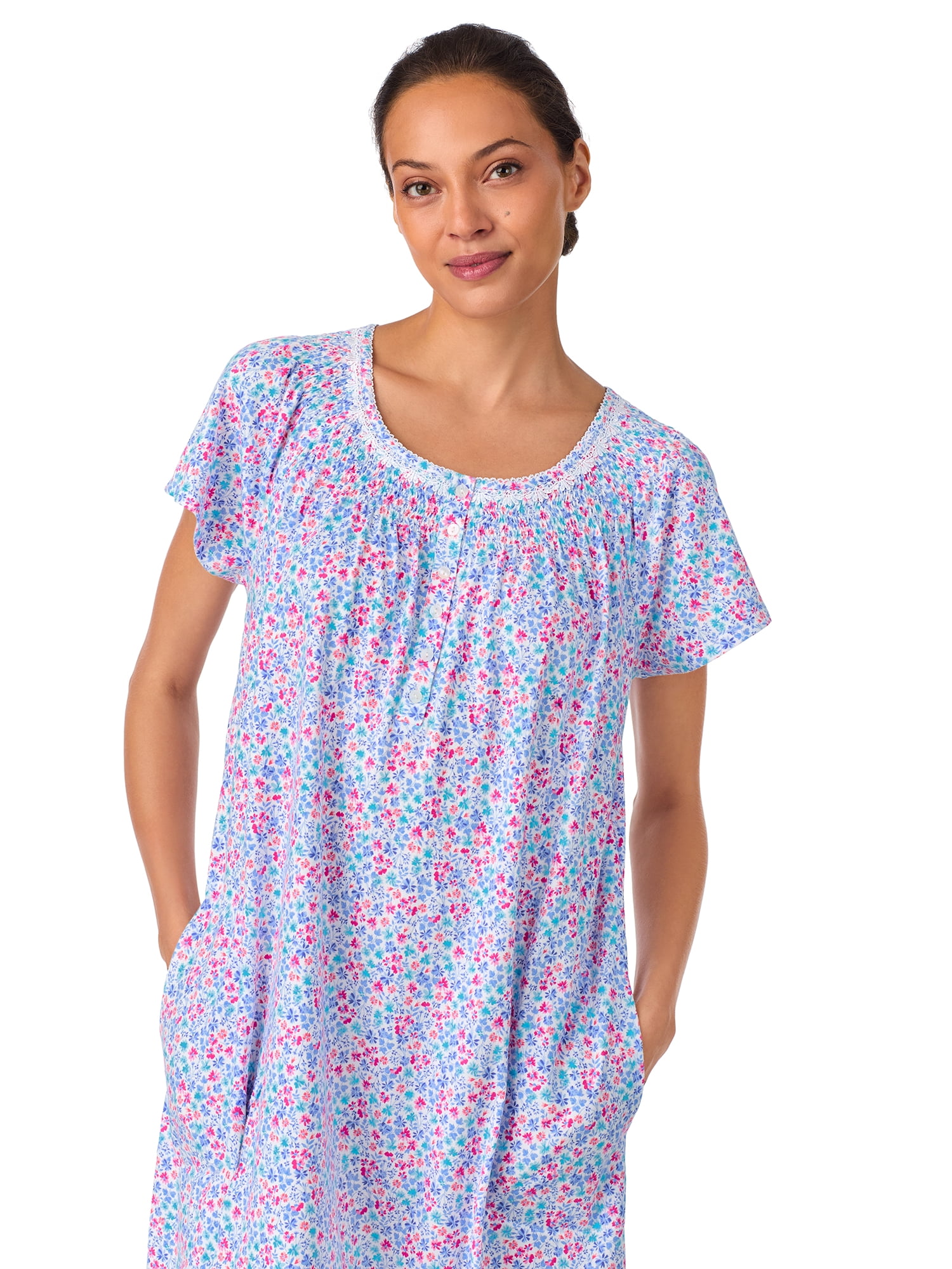 Aria Women's 100% Cotton Raglan Sleeve Smocked Neck 40" Sleepwear Gown, Sizes XS-5X