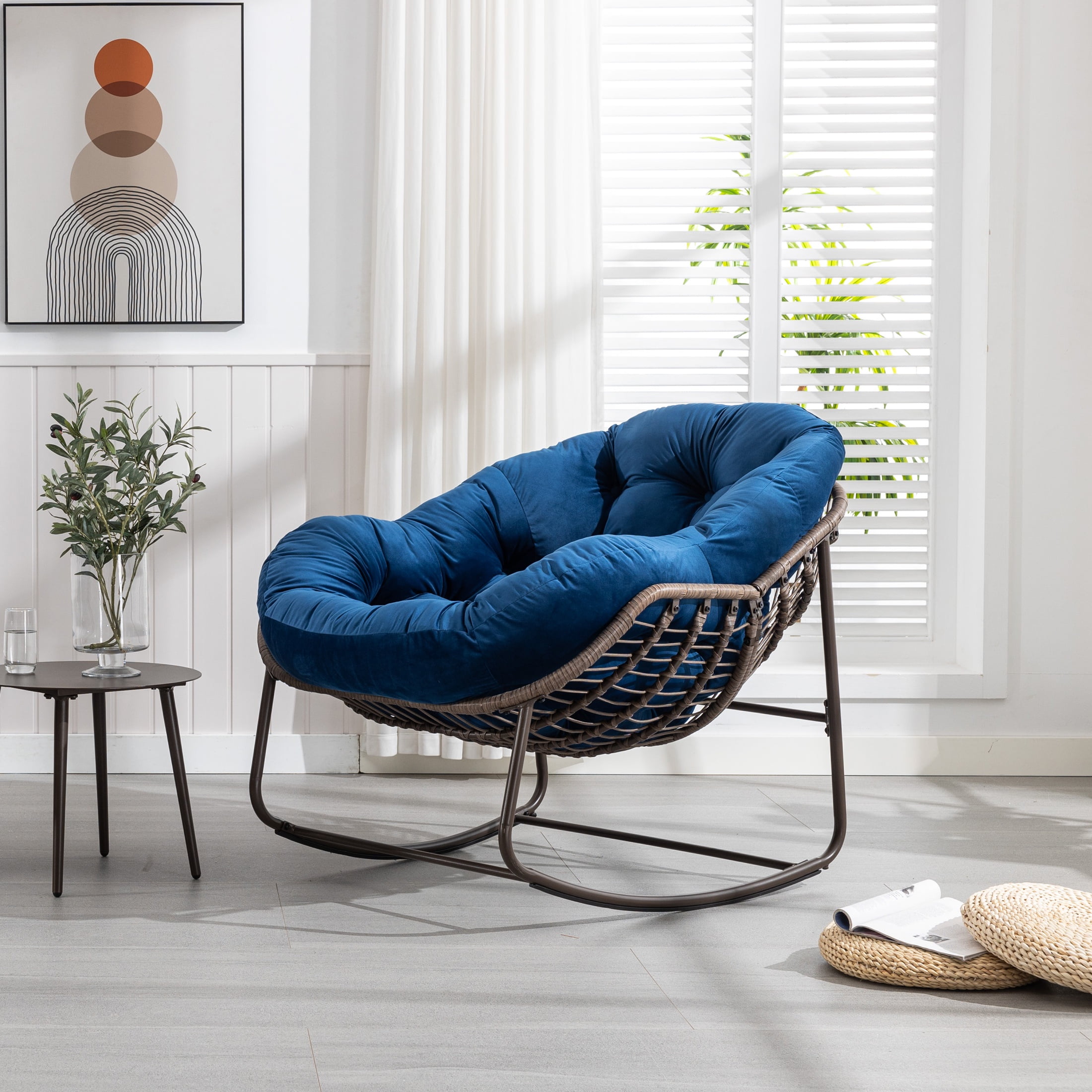 PORKISS Papasan Rocking Chair Indoor and Outdoor, Patio Rocker Recliner Chair with Padded Cushion, Modern Lounge Egg Chair with Steel, Rattan Frame, Velvet Navy Blue
