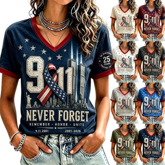 9/11 25th Anniversary Shirt Womens WE Will Never Forget Tee Shirts | Lightweight Fabric, V Neck Short Sleeve Tops, American Flag, 2001-2026 25Th Anniversary Tops, Patriotic Honor Tee Shirt Beige,3XL