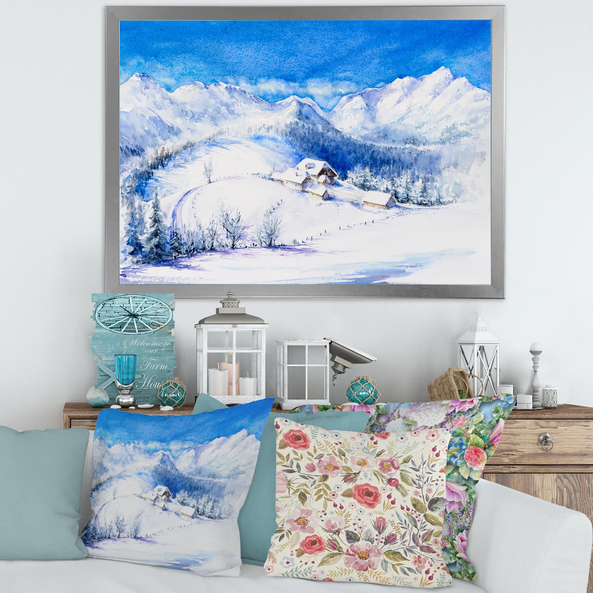 Designart 'Wooden House With Winter Mountain Landscape' Traditional Framed Art Print