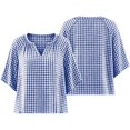 thumbnail image 7 of Women's Plus Size Gingham Blouses V Neck 3/4 Sleeve Loose Tunic Shirts Work office Casual Summer Tops Lightweight Everyday Plaid Shirts Navy, 7 of 7
