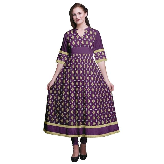 Bimba Robe Ethnique Classique à Imprimé Géométrique Losanges Courbe Violette Anarkali Évasée pour Dames XSmall