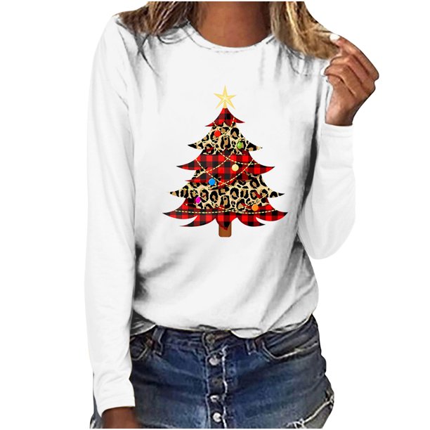 Tops Navideños Para Mujer, Blusas de Manga Larga, Camiseta Informal Con Cuello Redondo Y Estampado de Leopardo A Cuadros de Árbol de Navidad Odeerbi ODB194126