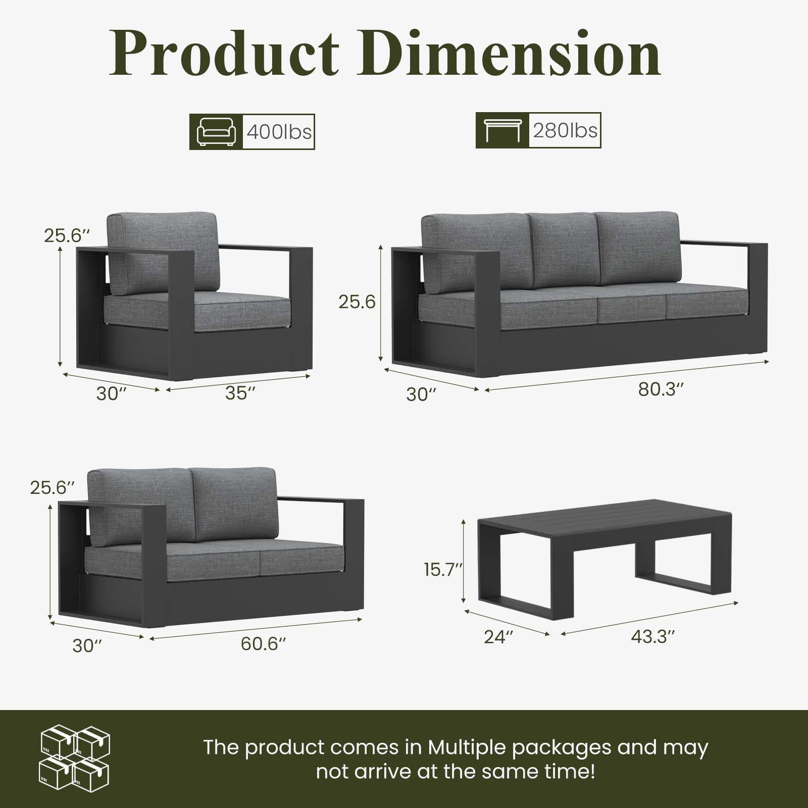 LayinSun Oversized Aluminum Outdoor Furniture Set, 5 Piece Patio Sofa Sets with Coffee Table, Deep Seating and Upgraded 6-inch Cushions for Porch, Balcony, Deck