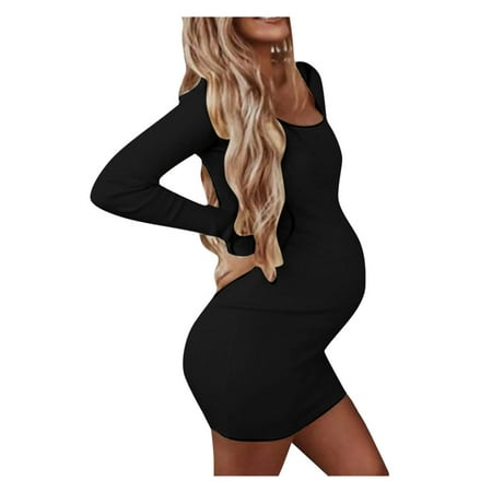 

DTBPRQ Women s Split Maternity Dress Solid Color & Floral Side Ruch Maternity Dress Long Sleeve Bodycon Dress Baby Shower Daily Wear