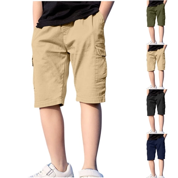 SGFCWSX Teen Boys Cargo Shorts Elastic Waist Cotton Durable with Side Pockets Summer Casual Shorts Khaki Size 12-13 Years