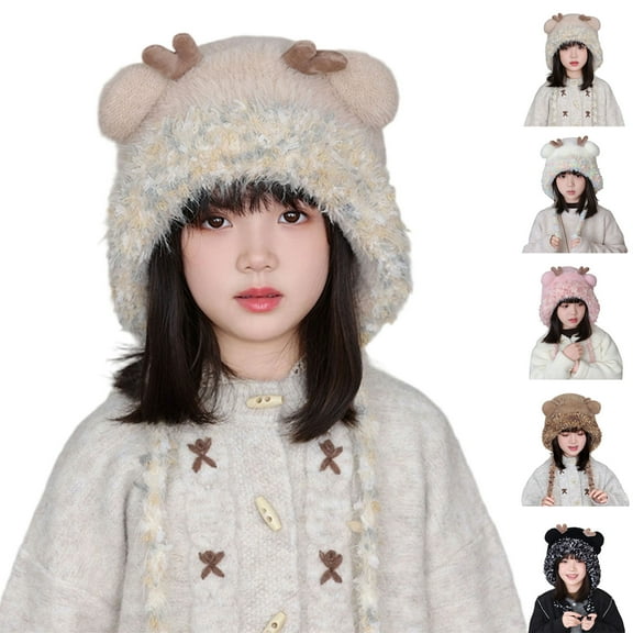 jobturf Girls Winter Hat Cute Reindeer Antlers Christmas Hats Windproof Snow Ski Skull Cap Comfy Warm Fuzzy Beanie for Cold Weather Size 4-10 Years