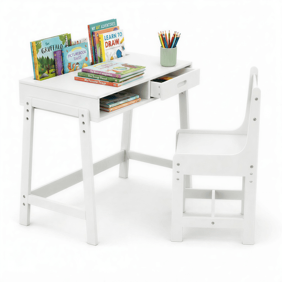 Kids Desk and Chair Set, Height Adjustable Study Table for Kids Ages 5-12, Children's Desk with Storage Drawer & Bookshelf Hutch, Art Craft Desk for Reading, Homework, Homeschool, White