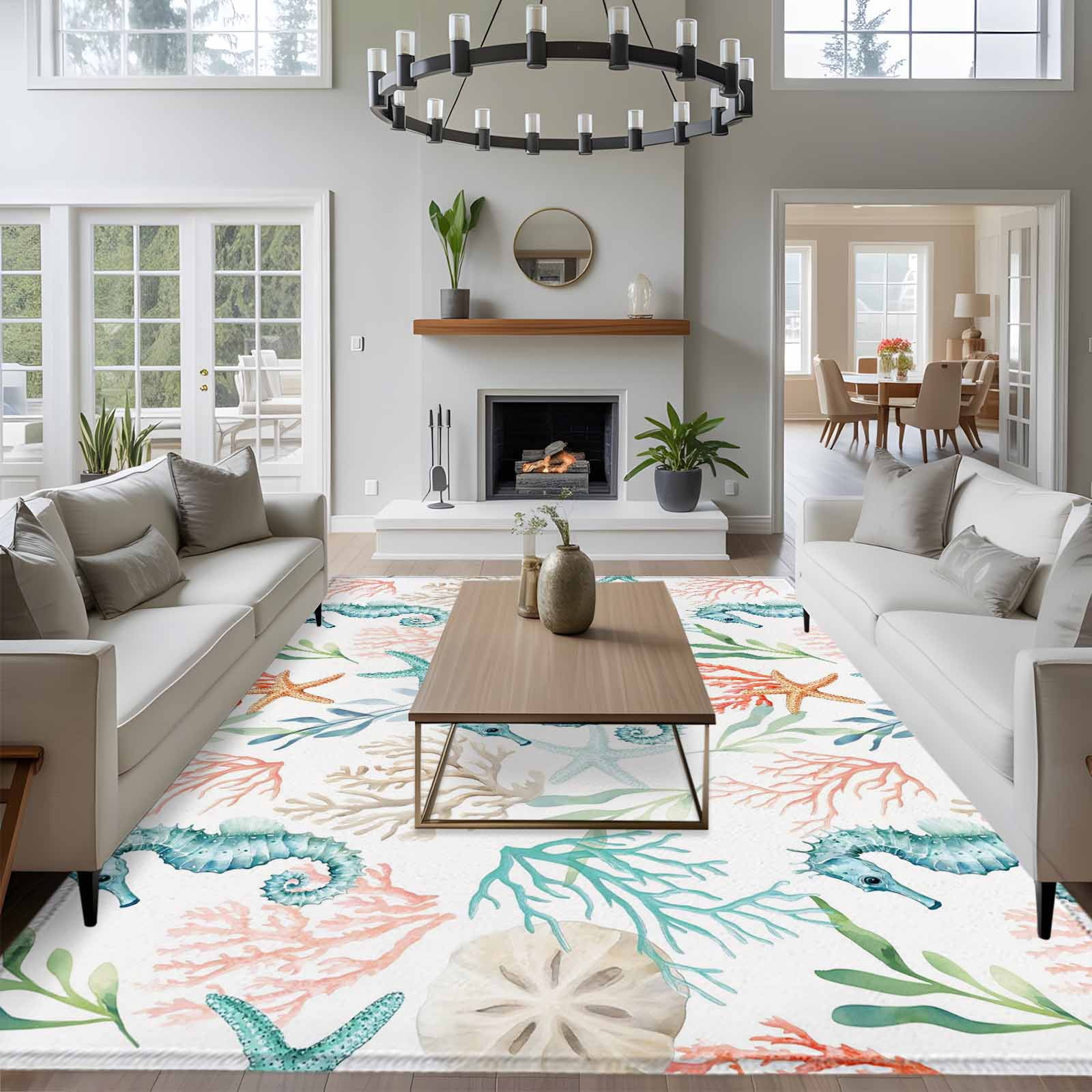 5'x7' Area Rugs for Living Room Bedroom, Teal Red Seahorse Coastal Washable Rug Carpet Runner Indoor Outdoor, Nautical Beach Coral Starfish Non Slip Floor Mats Area Rug for Kitchen, Nursery