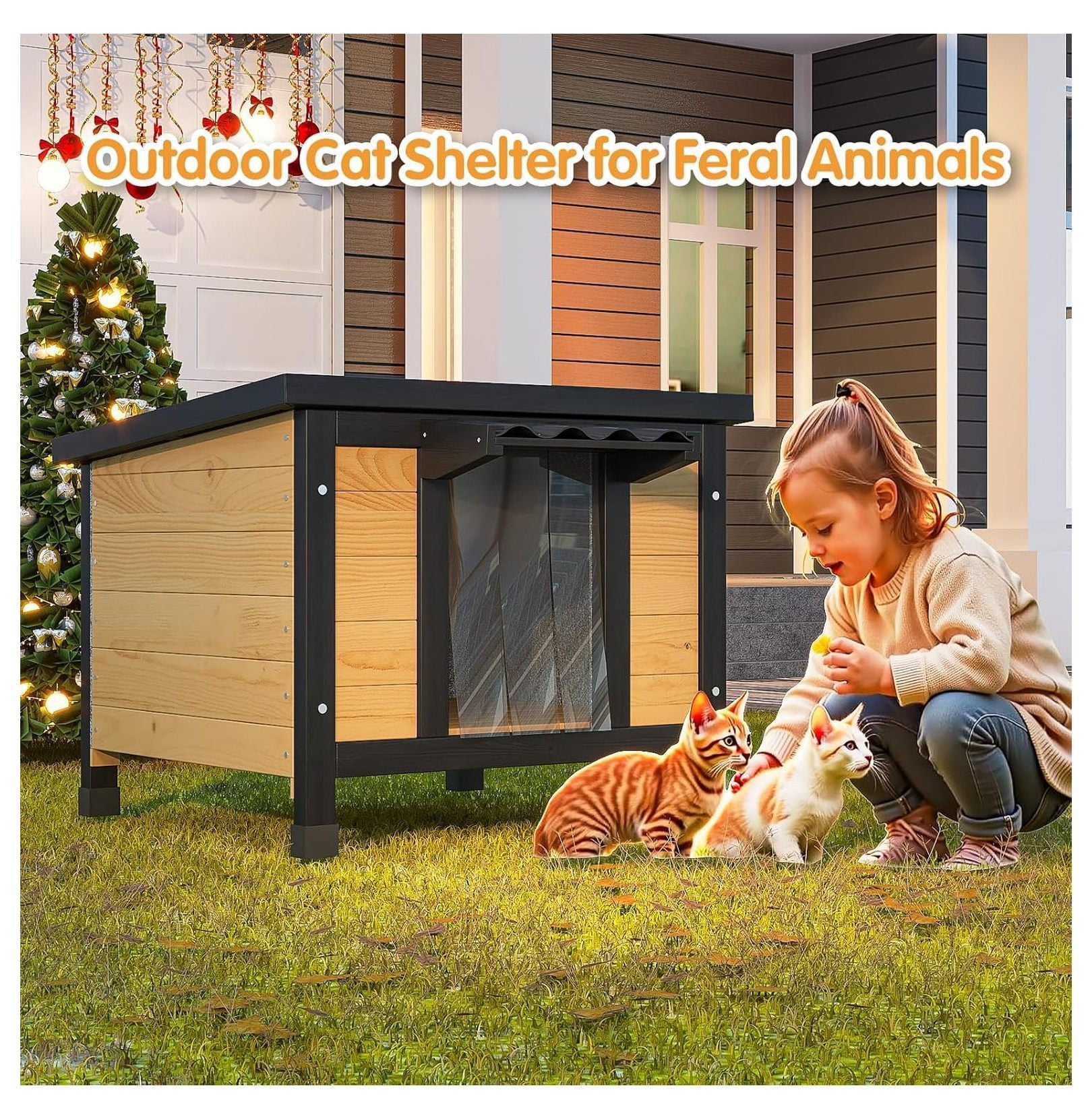 Outdoor Cat House Insulated, Waterproof Feral Cat Shelter for Multiple Cats, Raised Floor, 21.3"L x 19.9"W, Black