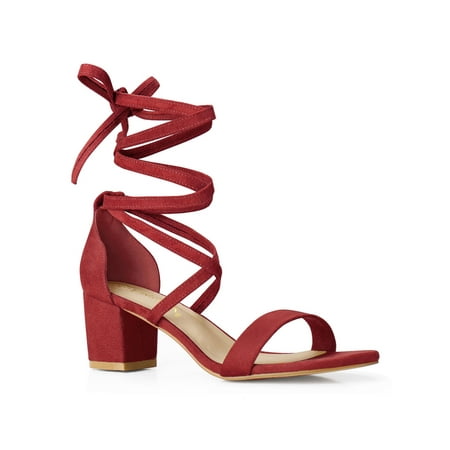 

Unique Bargains Women s Lace Up Cross Strap Mid Chunky Heels Sandals