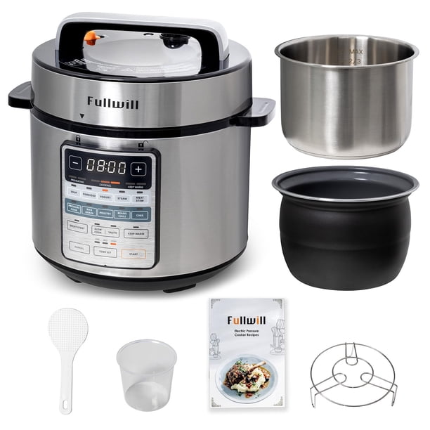 Olla a presión eléctrica Fullwill de 6 cuartos con dos ollas, 12 en 1, multifunción, de acero inoxidable 304 y cerámica, ideal para preparar sopas, gachas, yogur, guisos, arroz, aves, frijoles y mucho