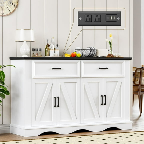 58" Large Wooden Buffet Cabinet with Storage, Modern Coffee Bar and Wine Bar, Wave Base Design, Multi-Purpose Buffet Table with Charging Station for Dining Room, Kitchen or Living Room, White.