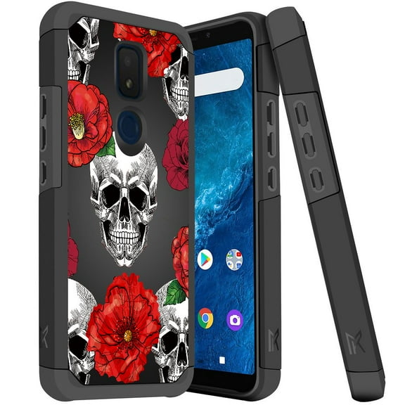ANJ  Slim Dual Layer Hybrid Shockproof Case   Tempered Glass Cover for Cricket Icon 3, Splendor, AT&T Motivate 2 - Roses Skull