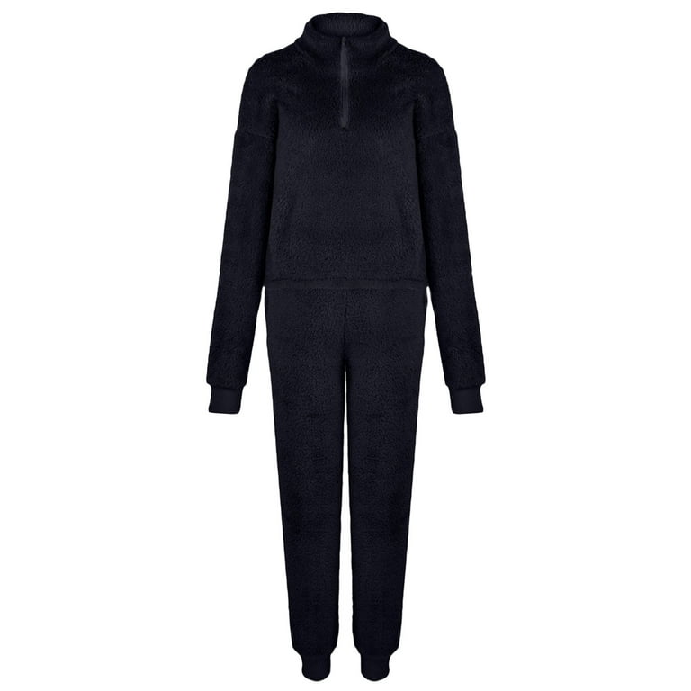 RQYYD Women's 2 Piece Plush Fleece Pajama Set,Long Sleeve Tops Pants Zipper  Sweatsuit Set Warm Loungewear Sleepwear on Clearance (Black,XXL)