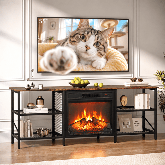 Ktaxon Modern Fireplace TV Stand, 58" Entertainment with 18in Electric Fireplace Heater, 4 Mesh Shelves, Large Storage for Living Room, Home, Apartment, Rustic Brown