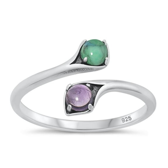 Simulated Turquoise & Simulated Amethyst Spoon Ring .925 Sterling Silver Band Blue CZ Female Size 7