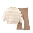 thumbnail image 3 of Swuxness Girls' Long Sleeve Knit Sweater 2 Piece Set, Kids Flared Long Pants Set, Girls Solid Round Neck Fleece Lined Soft Knit Sweater and Pants 2-Piece Set Beige, 2-3 Years, 3 of 5