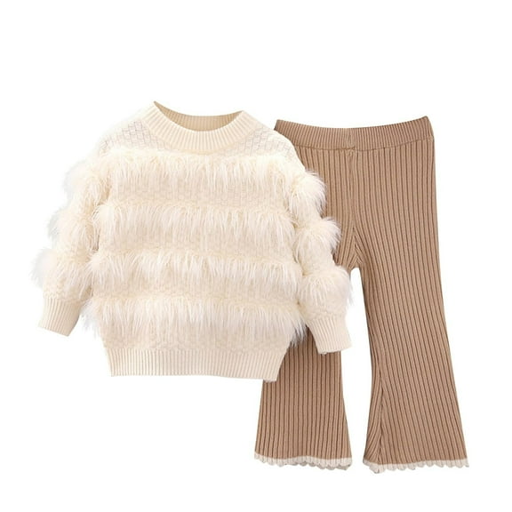 Auroural 2 Piece Outfit for Girls 7/8 Two Piece Sets for Girls Girls' Long Sleeved Sweater Top Flared Pants Solid Color Set Pullover Top Fashionable Casual Beige 7 Years