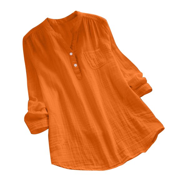 RKSTN Womens Tops Casual V-Neck Long Sleeve Buttons Cotton and Linen Tunic Shirts Summer Solid Color Soft Cute Pleated Versatile Pullover Tops