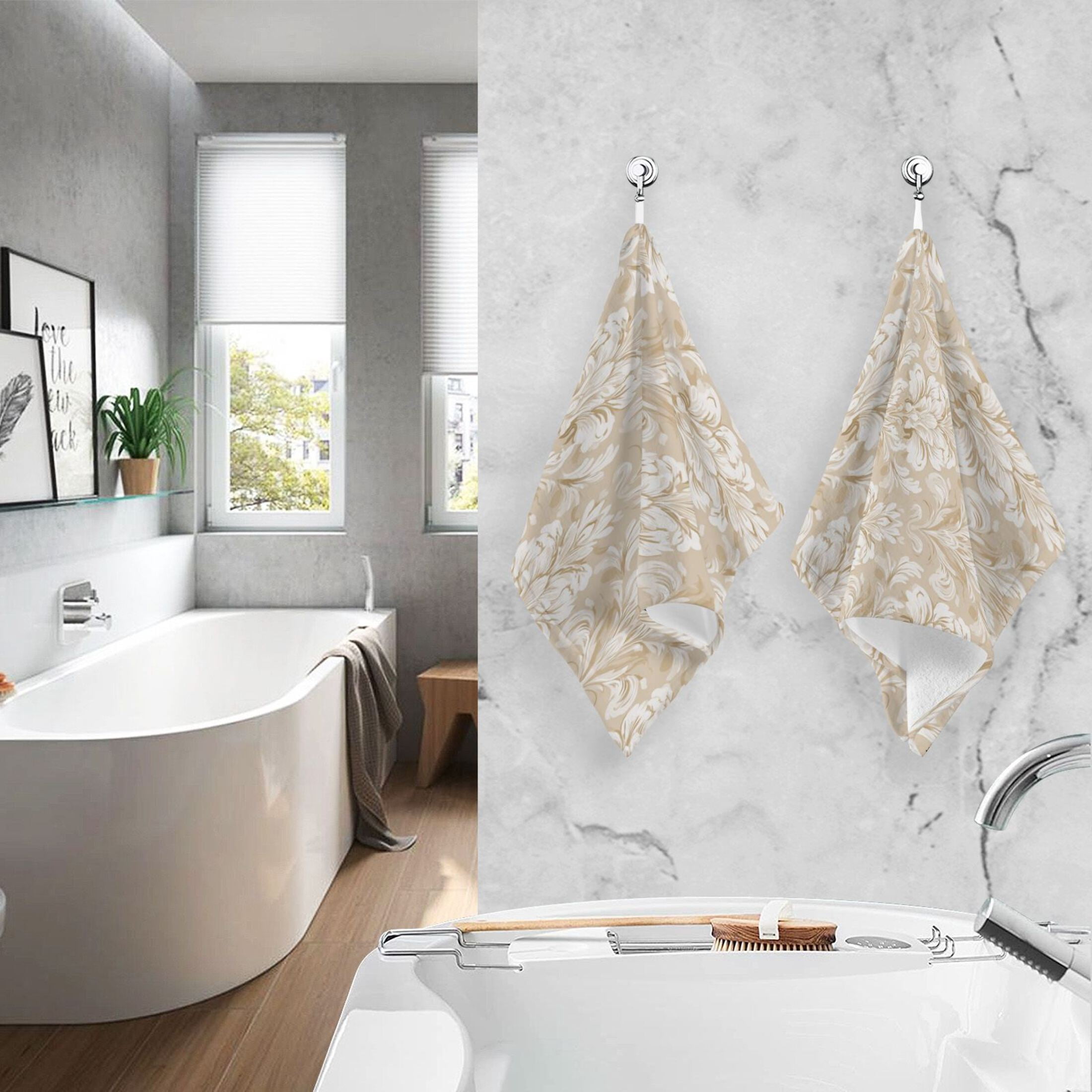 2 Pieces of Cotton Towel Face Towel Set Hand Towel Bath Towel Cotton Bath Towel Sets Beige Damask Pattern White