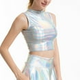 thumbnail image 3 of Women's 2Piece Metallic Outfit Shiny Off Shoulder Crop Top + Silver Mini Skirt Dress Alien Costume Rave Clubwear XL Holographic Silver - Turtleneck, 3 of 8