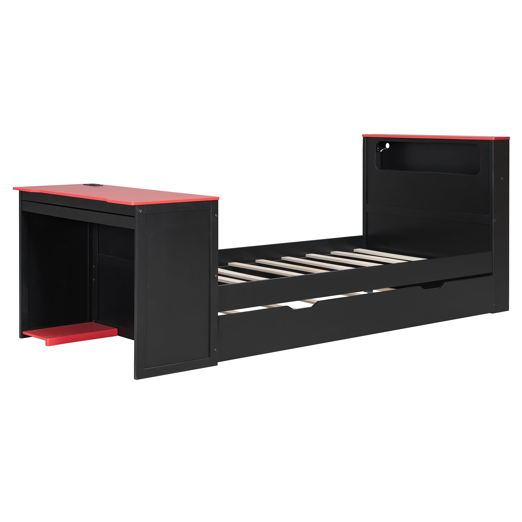 Mintazer Twin Gaming Bed with Charge Station & Lights, Daybed with Desk & Trundle for Home Office, Black & Red