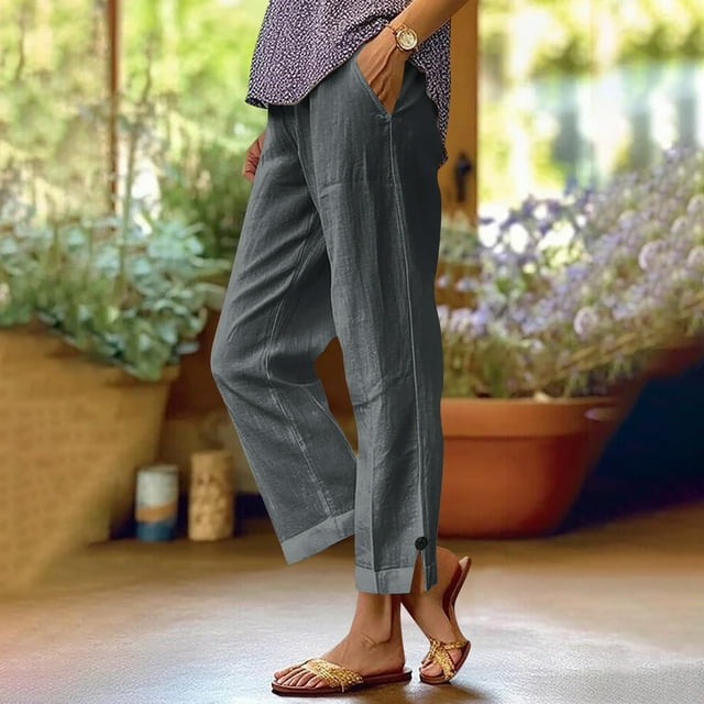 Women's Solid Color Elastic Waist Linen Blend Wide Leg Casual Pants for Spring and Summer