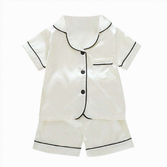 WUANDIXFA Soft Girls Pajamas Girls Pajamas Silk PJS Set Bow Satin Sleepwear Short Sleeve Jammies for Kids Button-Down Nightwear,White,2-3 Years