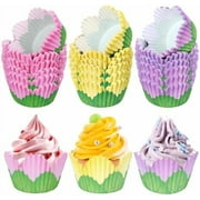 300Pcs Flower Cupcake Liners Spring Summer Flower Baking Cups Pink Purple Yellow Petal Cupcake Wrappers Holders Muffin Liners for Spring Wedding Bridal Shower Birthday Tea Party Decor