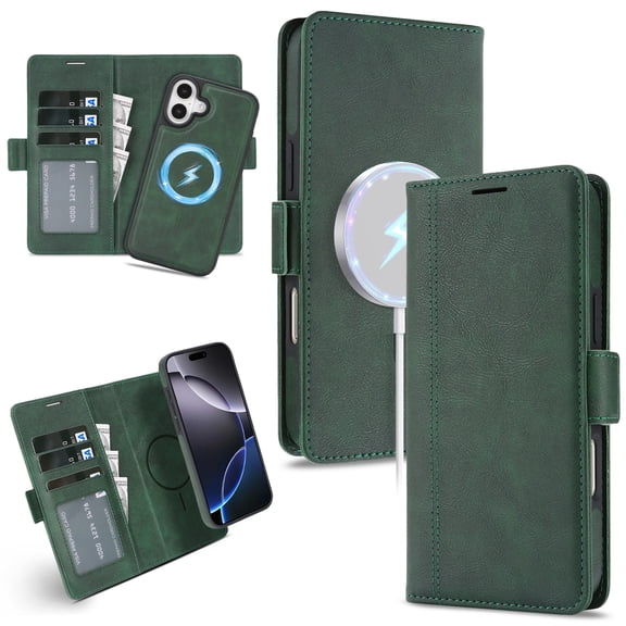 Wallet Case for iPhone 16 Plus Compatible with Magsafe, Removable 2-in-1 Premium PU Leather Flip RFID Blocking Card Holder Stand Shockproof Magnetic Detachable Phone Cover,Green
