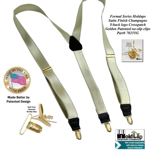 Champagne Gold 1" Satin Finish Hold-Up Suspenders Y-back No-slip Gold clips