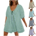 thumbnail image 3 of Lovskoo Summer Rompers for Women Casual Striped Puff Short Sleeve Tshirt Rompers Tie Neck Oversized Jumpsuit with Pockets Navy, 3 of 3
