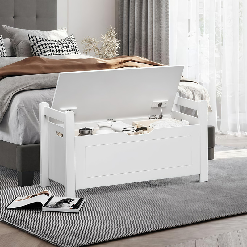 Gundir Kids Toy Storage Chest Bench with Cushioned Seat, 35" White Wooden Toy Box with Safety Hinged Lid, Large Capacity Organizer for Nursery Playroom Bedroom