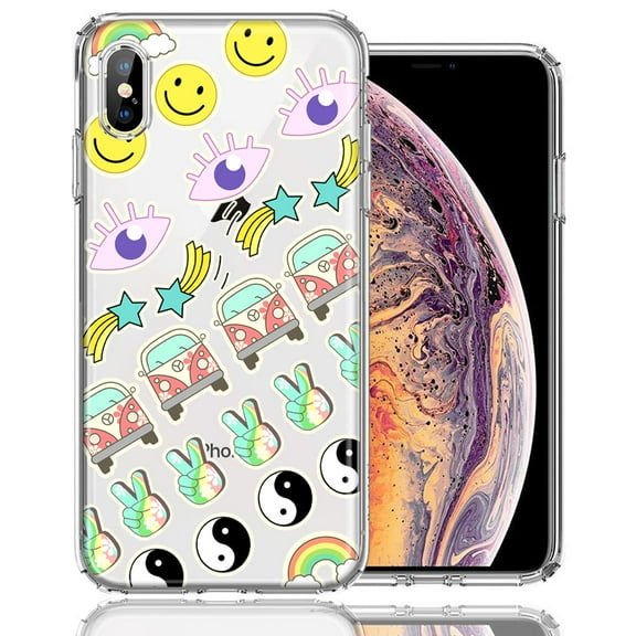MUNDAZE For Apple iPhone XS Max 70's Yin Yang Hippie Happy Peace Stars Design Double Layer Phone Case Cover