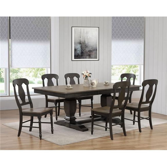 Iconic Furniture RT82-TR-CH53GRSBKS 7 42 x 64 x 82 in. Double Pedestal Transitional Antiqued Napoleon Back Chair Dining Set with Grey Stone & Black Stone Finish - 7 Piece