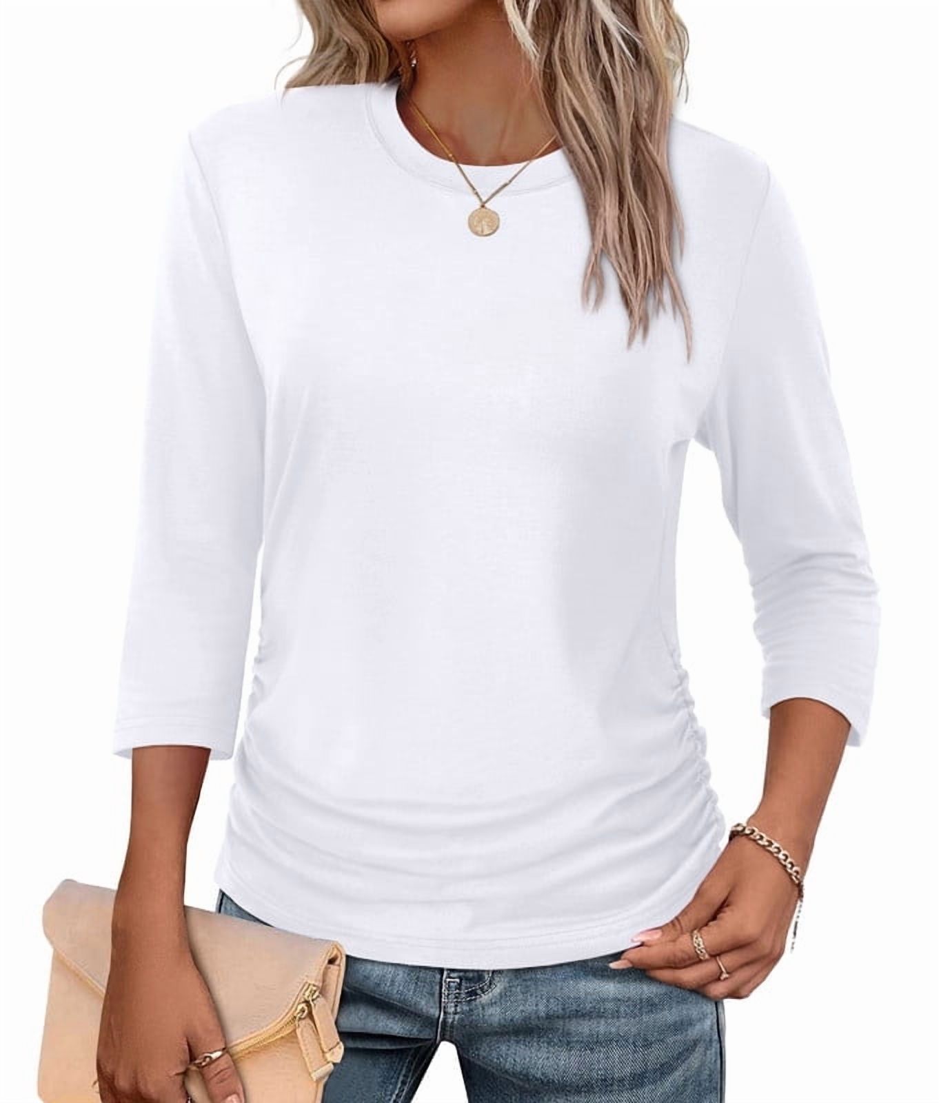 Ronuti Womens 3/4 Length Sleeve Tops Crewneck Ruched Summer Shirts 2026 Business Casual Outfits Blouses Spring Clothes White Tops
