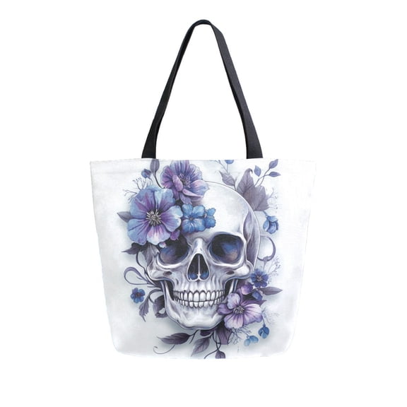 Durable Canvas Tote Bag with Zip Pocket Bags for Woman Shoulder Versatile Carryall for Everyday Use Skull with Purple Flowers
