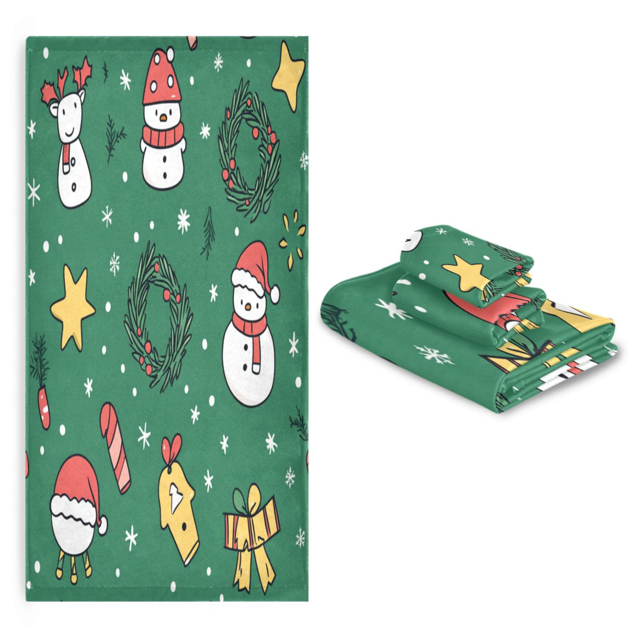 WOBOGO Cartoon Christmas Patterns with Simple Lines Ultra Soft 3 Pack Cotton Towel Set Includes 60 x 30in Bath Towel 28 x 16in Face Towel and 13 x 13in Small Square Towel for Everyday Use Lightweight