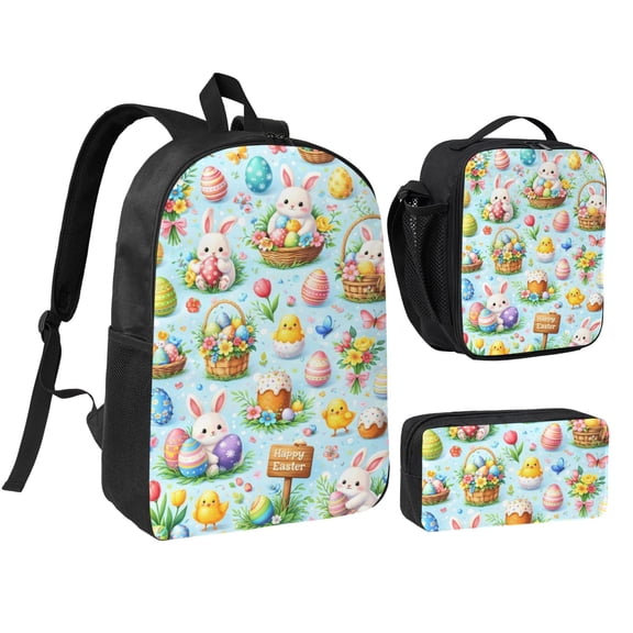 Cute Easter Egg Pattern Backpack Set 3pc ,Backpack with Lunch Bag and Bag 17 Inch