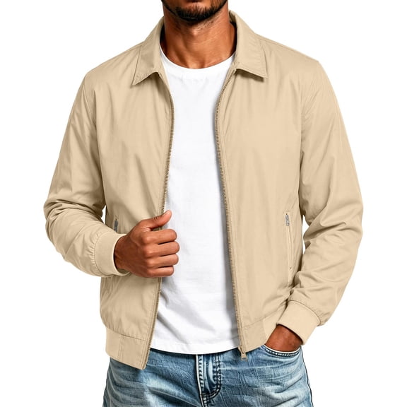 Men's Lightweight Casual Jacket Zip Up Jacket with Ribbed Cuffs and Collar, Long Sleeve Harrington Jacket with Zipper Pockets for Spring Fall Everyday Wear