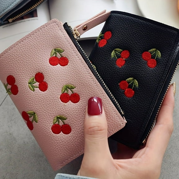 1pc Women's Cherry Embroidery Wallet Casual Slim Zipper