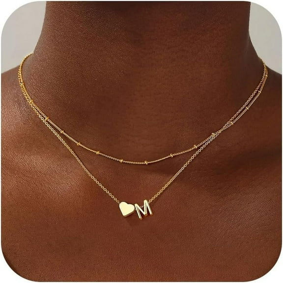 Layered Initial Necklaces For Women, 18K Real Gold Plated Heart Initial A-Z Pendant Necklace Personalized Monogram Name Necklace Birthday Gifts Heart Necklace For Women Jewelry[o6286]