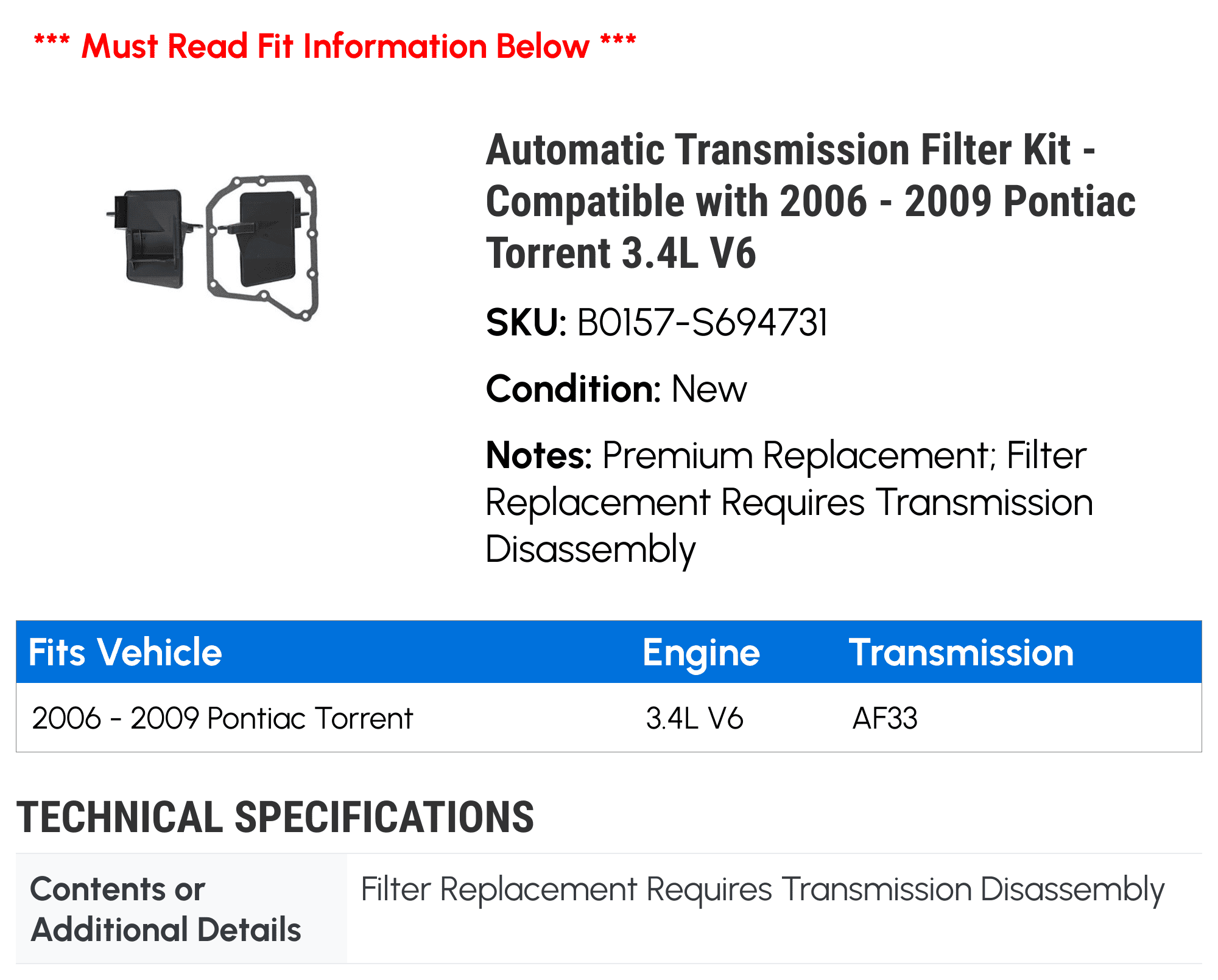 Automatic Transmission Filter Kit - Compatible with 2006 - 2009 Pontiac Torrent 3.4L V6 2007 2008