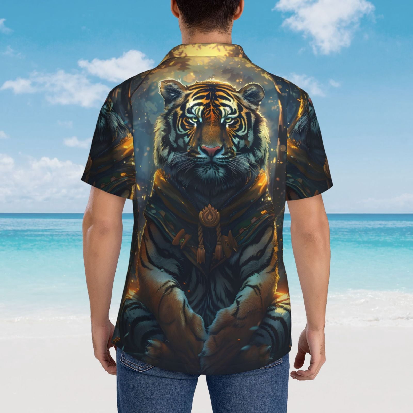 Logiee Forest Meditating Tiger Print Mens Hawaiian Shirts,Loose-Fit Short Sleeve Button Down Tropical Aloha Beach Shirt,Summer Vacation Wedding Tops,