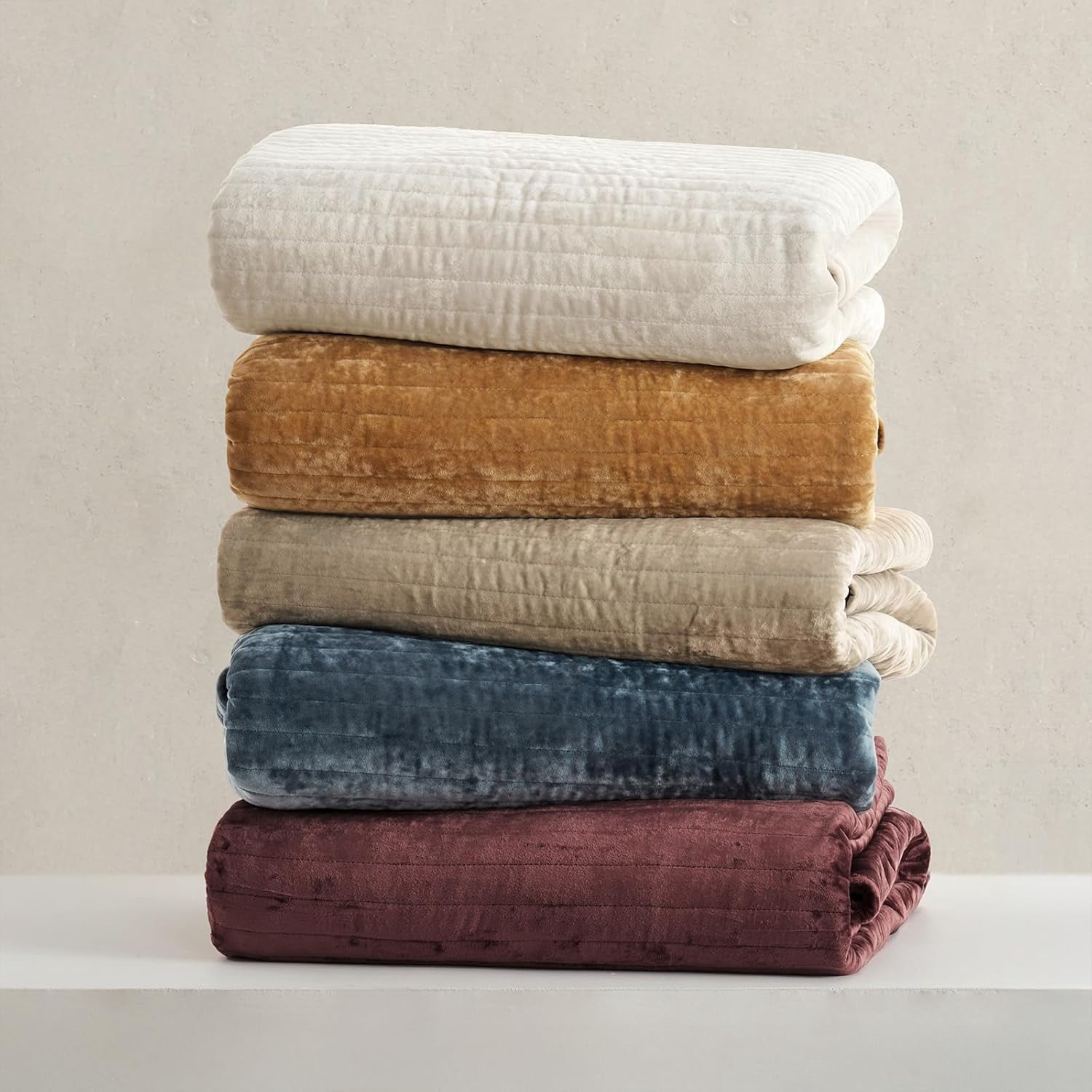 EVERGRACE Velvet Quilt Set California King 118'' x 106'', Luxurious Soft Striped Channel Bedding Set, Lightweight Velvet Comforter, Oversized Bedspread Coverlet with 2 Shams, Beige Taupe