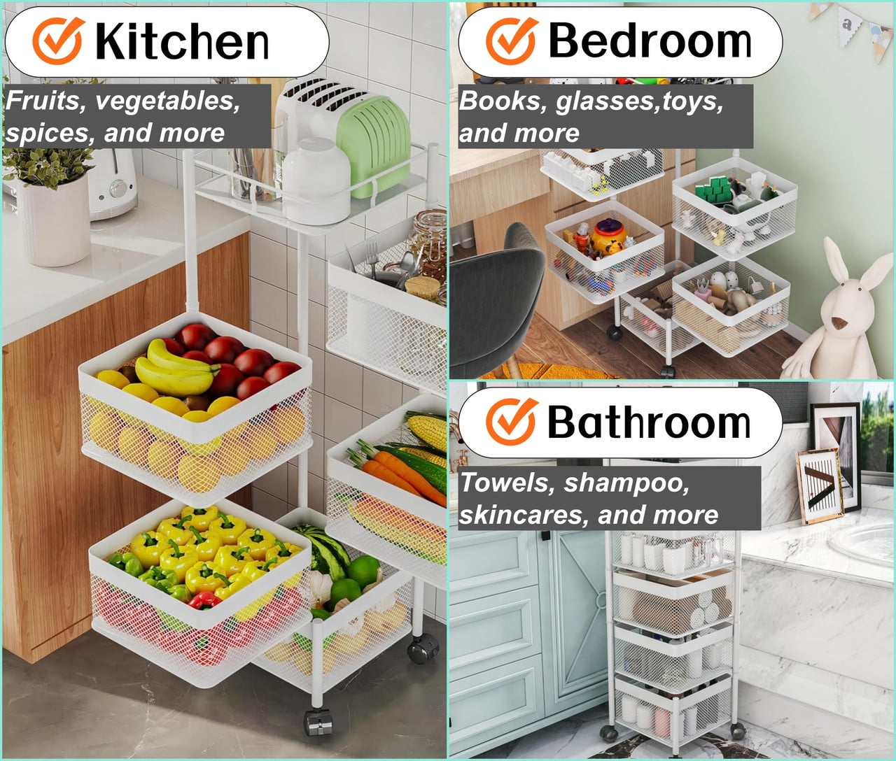 Howcool 5-Layer Metal Rolling Cart with Wheels, Kitchen Vegetable Storage Rack with Rotating Mesh Baskets